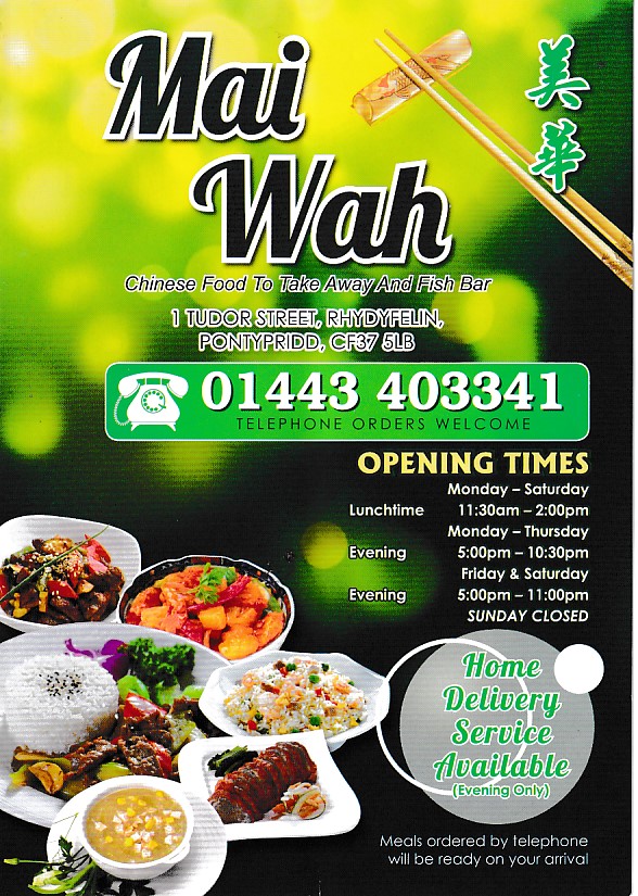 Menu of Mai Wah Chinese takeaway in Rhydyfelin, Pontypridd