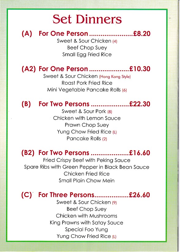 Menu of Mai Wah Chinese takeaway in Rhydyfelin, Pontypridd