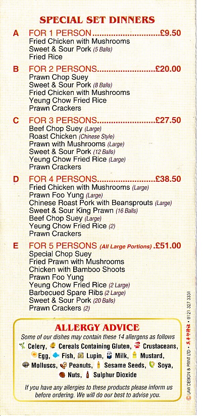 Menu of Wing Wah, Pontypridd Chinese Takeaway