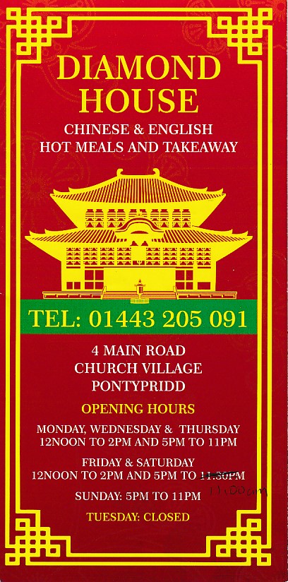 Menu of Diamond House Chinese in Church Village, Pontypridd