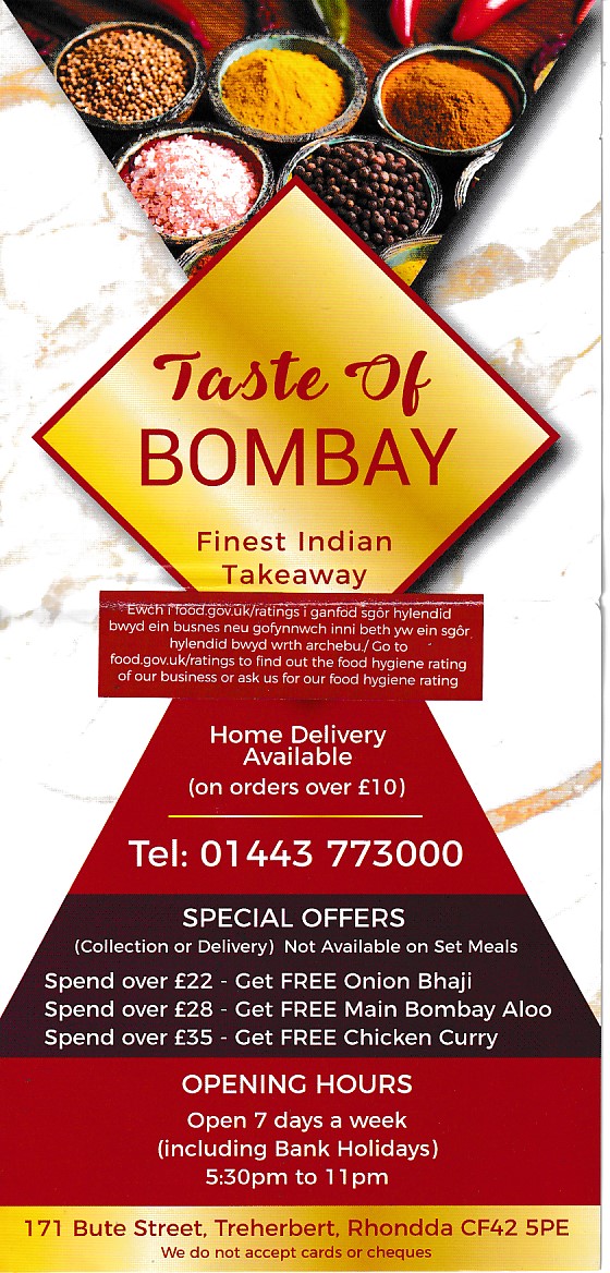 Menu of Taste of Bombay, Indian Takeaway,Treherbert