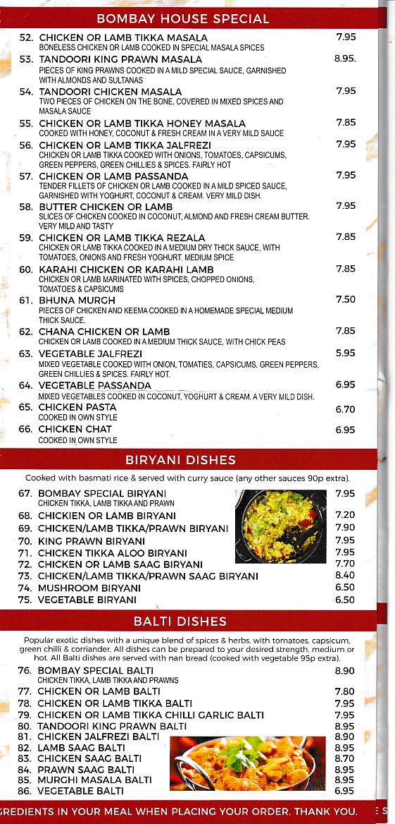 Menu of Taste of Bombay, Indian Takeaway,Treherbert