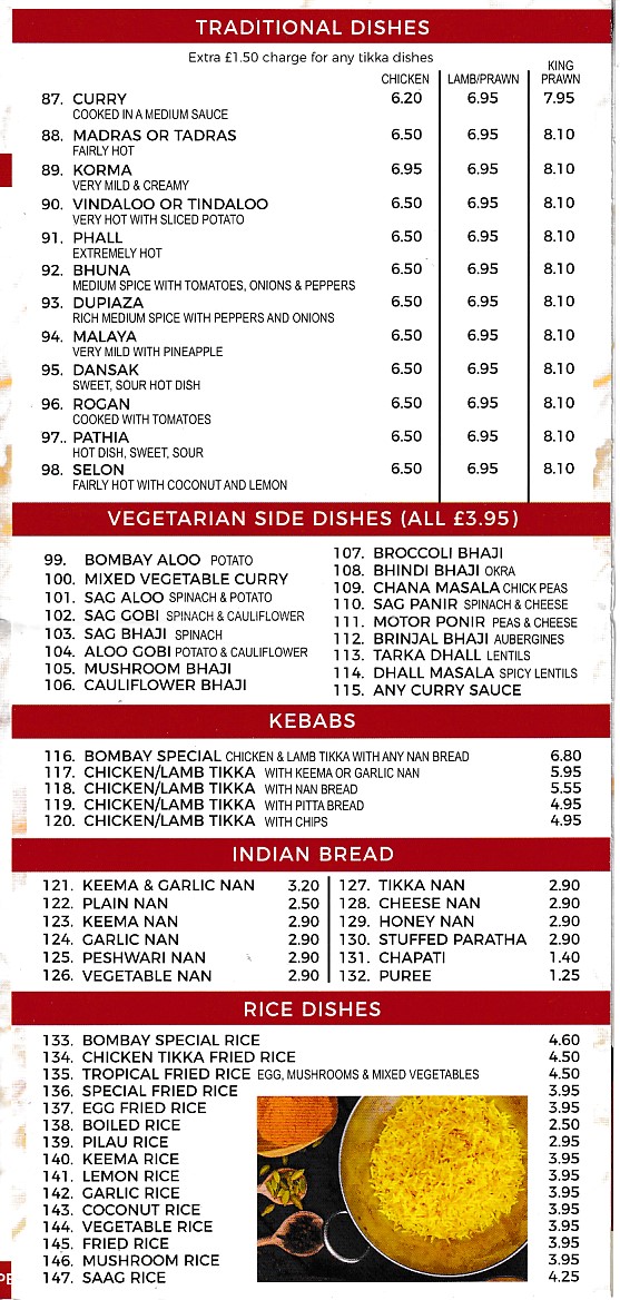 Menu of Taste of Bombay, Indian Takeaway,Treherbert