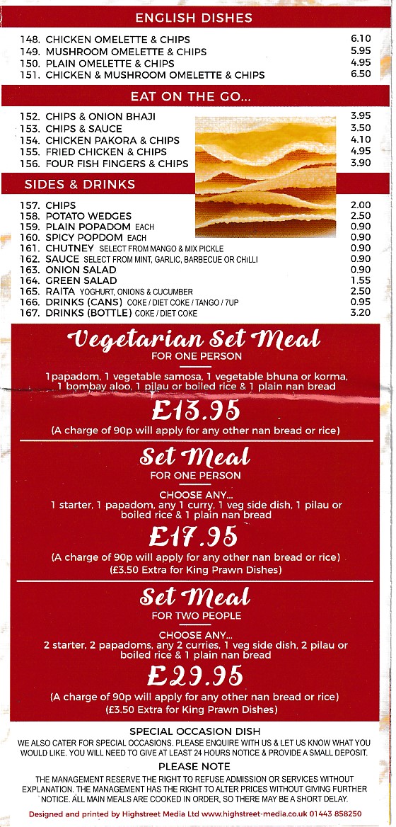 Menu of Taste of Bombay, Indian Takeaway,Treherbert