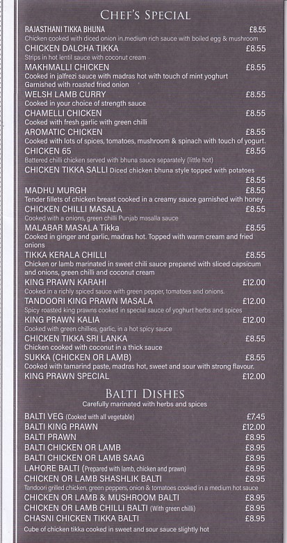 Menu of Laal Mirchi, Indian takeaway Aberdare