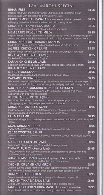 Menu of Laal Mirchi, Indian takeaway Aberdare