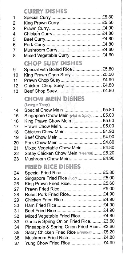 Menu of Happy Valley, Chinese takeaway in Penrhiwceiber, Mountain Ash