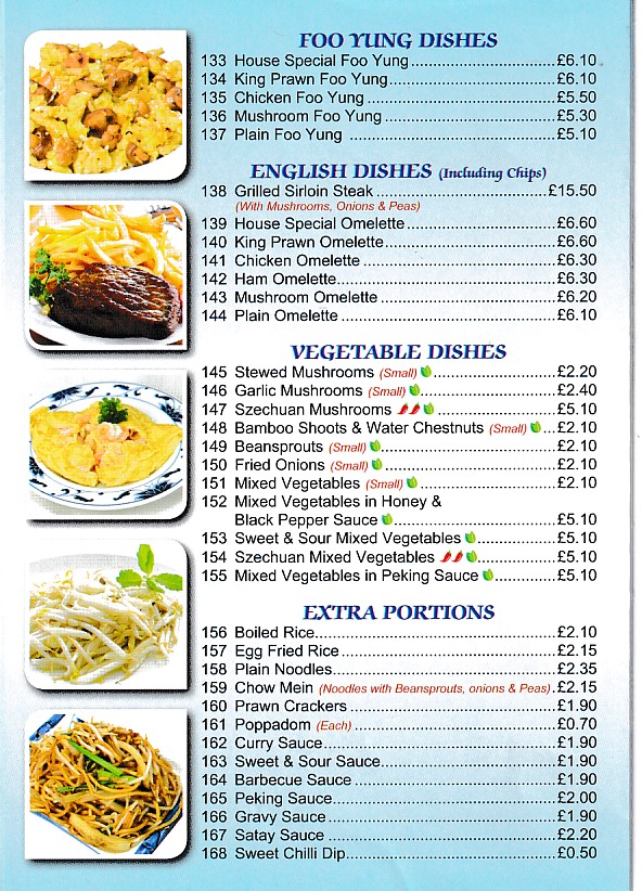 Menu of Mountain View, Chinese Takeaway in Mountain Ash