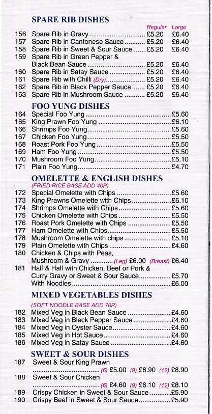 Menu of Kam Kong Chinese takeaway in Beddau, Pontypridd