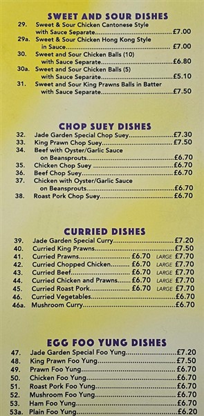 Menu of Jade Garden Chinese in Tonypandy