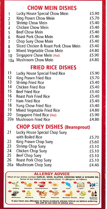 Menu of Lucky House Chinese Hirwaun