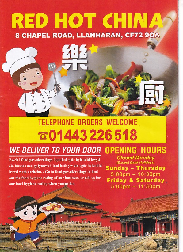 Menu of Red Hot China Llanharan
